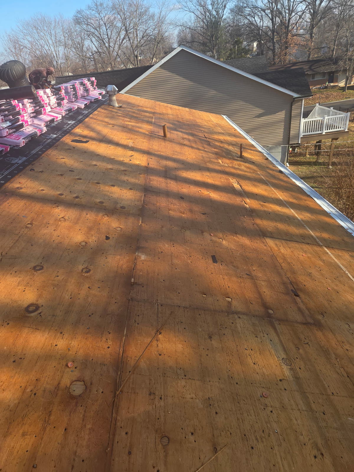 Roof decking exposed before shingle install